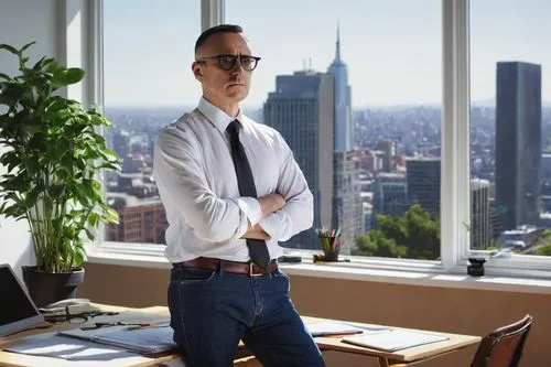 Architect, designer, standing, white shirt, black tie, blue jeans, black glasses, serious expression, holding pencil, notebook, drafting table, modern office, wooden desk, leather chair, plants, city 