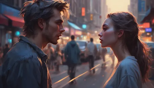 Imagine a dramatic argument between a boyfriend and girlfriend in a busy city street.,romantic portrait,romantic scene,two people,vintage boy and girl,romantic look,boy and girl,courtship,world digita