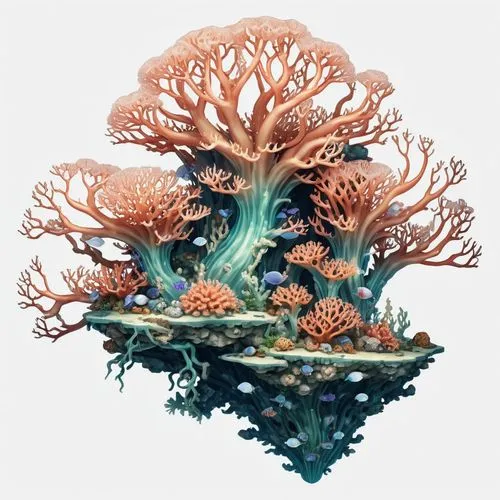 mushroom island,tree mushroom,floating island,bubblegum coral,floating islands,coral reef,Illustration,Abstract Fantasy,Abstract Fantasy 11