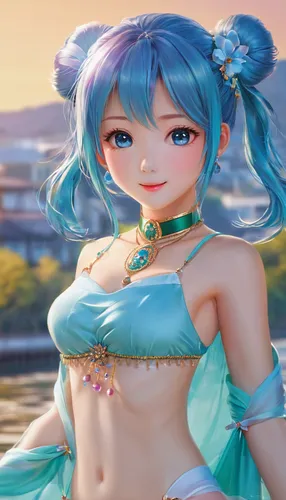 rem in arabian nights,aqua,beach background,hatsune miku,maya,mikuru asahina,anime 3d,japanese idol,kinara,miku,kotobukiya,nami,ganai,ako,ocean background,blue hawaii,ashitaba,dusk background,cyan,fantasia,Illustration,Japanese style,Japanese Style 01