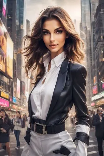 a vibrant fashion portrait depicts a person dressed in black and white outfits, wearing a sharp black suit and a fedora. The scene is set in a bustling cityscape with towering skyscrapers and crowds o