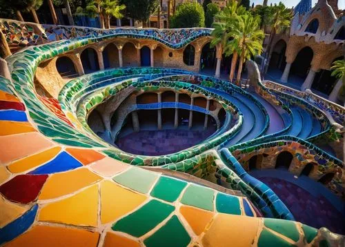 park güell,gaudi,gaudi park,guell,colorful spiral,pedrera,alcazar of seville,escaleras,the palau de la música catalana,ioa,kaleidoscape,escalera,labyrinths,winding steps,sintra,gumhuriya,agrabah,barcelona,bcn,roof domes,Art,Classical Oil Painting,Classical Oil Painting 10