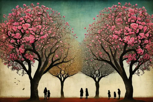 magnolia trees,blooming trees,cherry trees,blossom tree,magnolia tree,flowering trees,cherry blossom tree,blooming tree,plane-tree family,magnolia family,sakura trees,flower tree,blossoming apple tree,cherry tree,trees with stitching,family tree,almond trees,magnolias,fruit trees,tree blossoms,Illustration,Realistic Fantasy,Realistic Fantasy 35