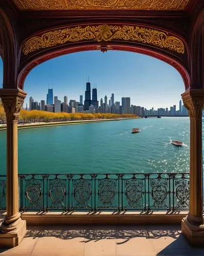 chicago skyline,buckingham fountain,chicago,chicagoan,chicagoland,shedd,navy pier,lakefront,detriot,lake shore,dusable,chicago theatre,illinoian,edgewater,ellis island,great lakes,bizinsider,chicagoans,lakeshore,belleisle,Illustration,Realistic Fantasy,Realistic Fantasy 04