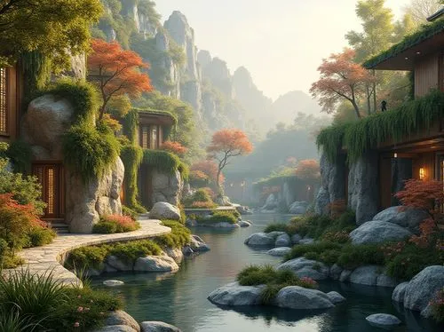 fantasy landscape,world digital painting,shaoming,home landscape,japan landscape,qingcheng,rivendell,river landscape,landscape background,ryokan,shangri,seclude,idyllic,uzak,creekside,kinkade,oriental,mountain settlement,digital painting,alpine village,Photography,General,Realistic