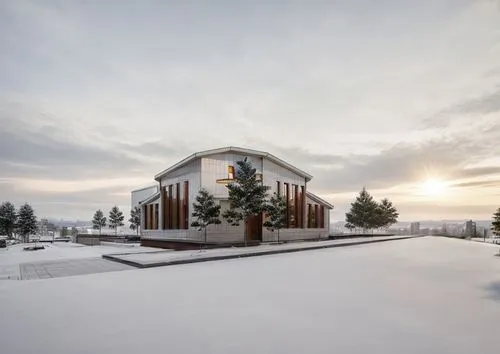 First-Person View, Catholic church, red Brick, There are small buildings and trees around, Spotlight, mir rendering,snow shelter,snow roof,winter house,snowhotel,snow house,timber house,finnish laplan