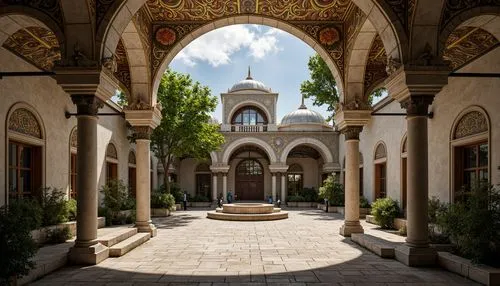 Intricate stone carvings, ornate arches, grand domes, vibrant mosaics, golden accents, richly textured fabrics, solemn atmosphere, peaceful courtyard, lush greenery, ancient trees, worn stone pathways