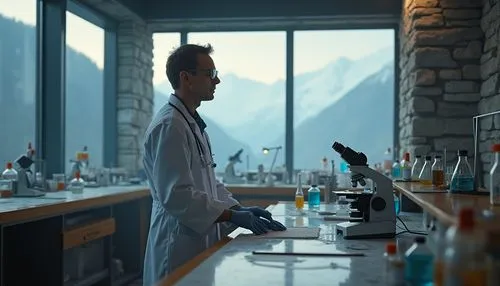 Modern laboratory, mountainous environment, solo scientist, 30s, bespectacled, lab coat, gloves, stethoscope, futuristic equipment, microscopes, test tubes, beakers, experiment tables, stone walls, wo