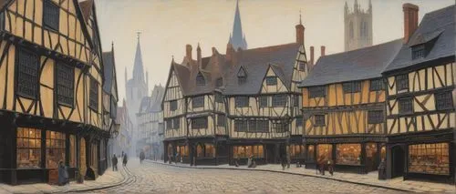 suaudeau,canterbury,medieval street,half-timbered houses,townscapes,troyes,rouen,amiens,strasbourg,colmar,alsace,combles,brugge,terbrugge,quimper,argentan,reims,harfleur,lichfield,langeais,Art,Artistic Painting,Artistic Painting 09