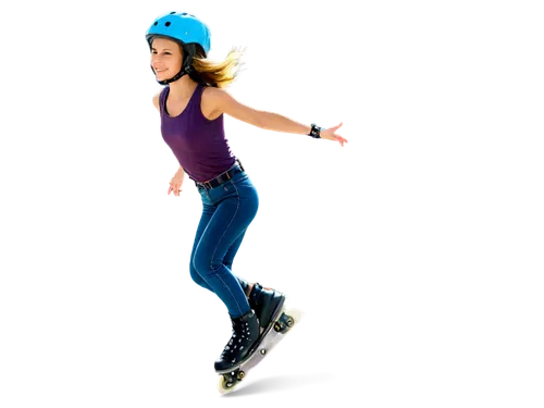 Roller skater, young girl, dynamic pose, free skating, outdoor scene, sunny day, bright smile, wind-blown hair, colorful helmet, protective pads, shiny wheels, movement blur, action shot, low-angle co