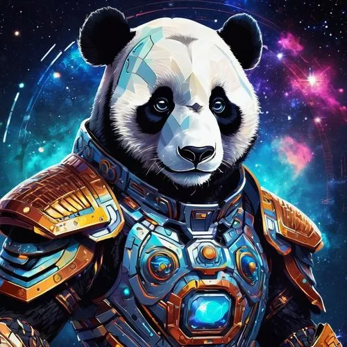 Cybernetic Panda Warrior, Picasso Style, Fantasy, Sci fi, Full Color Illustration, mainly bright metal colors, intricate design, fine details, complex, sophisticated, hexagonal,pandurevic,beibei,kawai