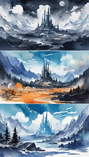 backgrounds,fantasy landscape,hogwarts,castles,world digital painting,stages,banner set,fantasy world,winter background,fantasy city,landscapes,4 seasons,3d fantasy,fantasy art,winter magic,four seasons,snowy peaks,ice castle,winter landscape,northrend,Illustration,Paper based,Paper Based 25