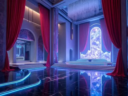 floor fountain,suspiria,ballroom,futuristic art museum,blue room,marble palace,3d render,luxury bathroom,hall of the fallen,ornate room,nightclub,cinema 4d,tron,art deco,ballrooms,hammam,lobby,hotel hall,hologram,3d rendering,Photography,General,Realistic