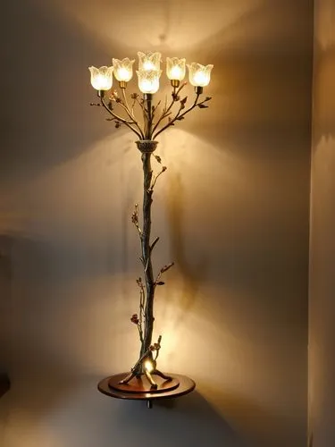 6 light twig table lamp with glass  flower shade finish in antique brass wrap in wires,a floor lamp that is on top of a table,candelabra,candelabrum,wall lamp,table lamp,candelabras,bedside lamp,floor