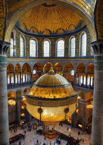 Intricate Byzantine architecture, Hagia Sophia, Istanbul, Turkey, majestic interior, ornate chandeliers, suspended from the ceiling, gold accents, marble columns, intricate mosaics, patterned floors, 