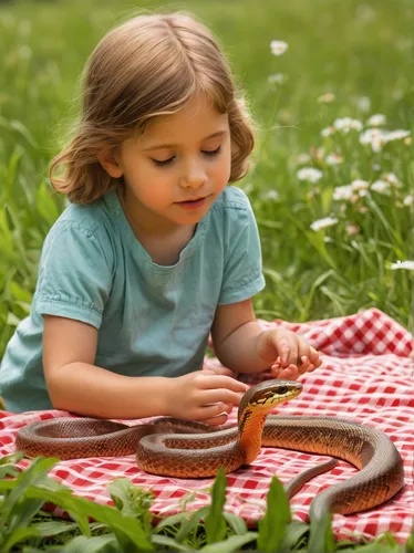 A curious child encounters a friendly corn snake during a picnic in a peaceful meadow.,snake charming,ringneck snake,child with a book,little girl reading,child playing,corn snake,child in park,common