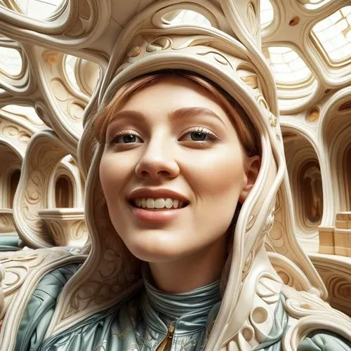 wood art,gaudí,mandelbulb,girl in a historic way,ice hotel,wood carving,geometric ai file,rapunzel,sand sculptures,wood elf,world digital painting,vatican museum,sculptor,fantasy portrait,cardboard background,maze,art deco woman,made of wood,wood angels,tuba