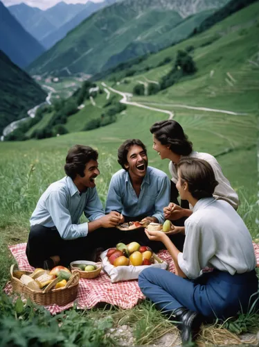 Imagine a group of friends laughing and enjoying a picnic amidst a picturesque mountain landscape, embracing their freedom.,alpine pastures,south tyrol,south-tirol,monte-rosa-group,südtirol,valais,eas