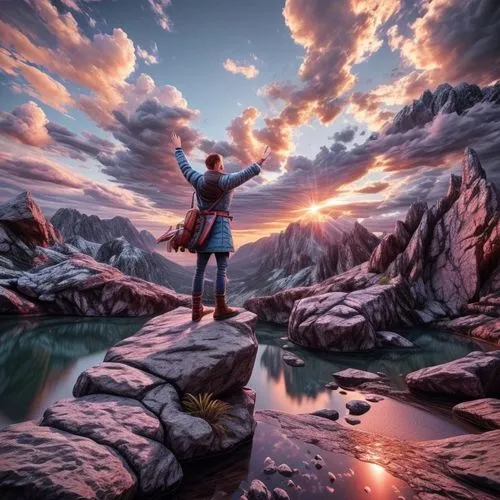 fantasy picture,world digital painting,incredible sunset over the lake,mountain sunrise,creative background,heaven lake,the spirit of the mountains,epic sky,photomanipulation,photo manipulation,colorful background,new zealand,3d fantasy,full hd wallpaper,alpine sunset,fantasy art,lake tahoe,fantasy landscape,magical moment,fall from the clouds