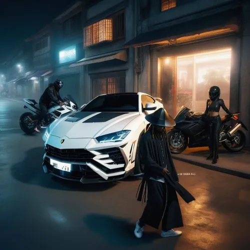 Black male with dreads in Asian style wardrobe with white and black Lamborghini urus behind and two people with motorcycles put them in a city at night,lamborghini urus,yamaha motor company,zenvo-st,h