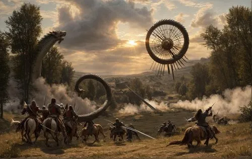 dragon slayer strikes with blow at dawn,scythe,western riding,rim of wheel,iron wheels,hunting scene,arrival,wagon wheel,velocipede,bicycle wheel,oxcart,fantasy picture,don quixote,old wagon train,man