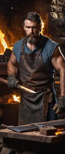 Male armor craftsman, muscular, beard, apron, leather gloves, hammer, anvil, sparks flying, intense gaze, serious expression, dimly lit workshop, stone walls, wooden workbench, metal scraps scattered,