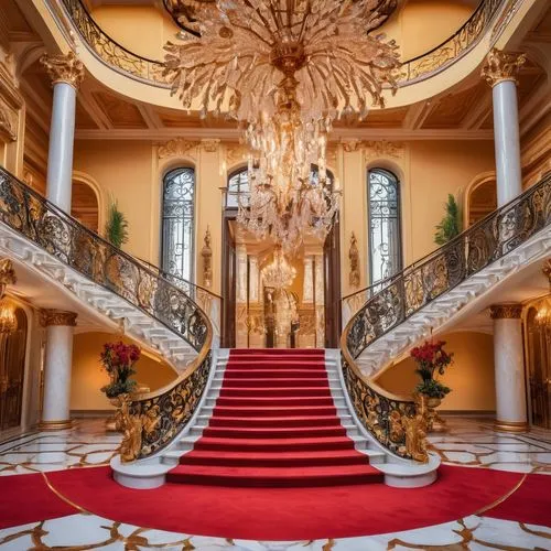 crown palace,palladianism,entrance hall,royal interior,staircase,europe palace,ornate room,palatial,opulently,opulence,outside staircase,ritzau,opulent,ornate,grand hotel europe,winding staircase,entranceway,foyer,grandeur,ostentatious,Illustration,Abstract Fantasy,Abstract Fantasy 13