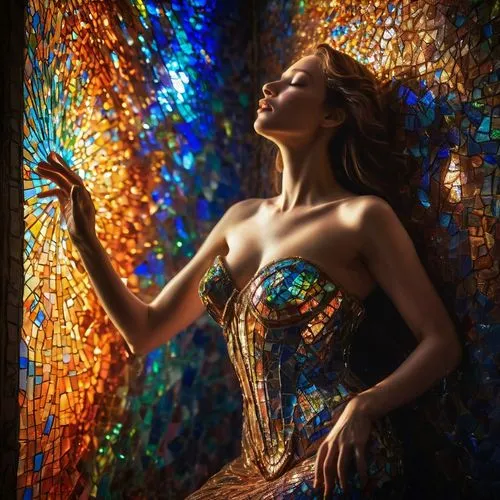 sequinned,sequin,sirena,stained glass,gold foil mermaid,bejeweled,sequined,swarovski,sequins,crystal ball-photography,colorful glass,semiprecious,bodypainting,light reflections,glittering,evgenia,gold leaf,shimmering,glitters,neon body painting,Illustration,Realistic Fantasy,Realistic Fantasy 02