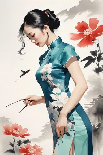 cheongsam,guqin,oriental painting,geisha girl,hanfu,xiaofei,qipao,oriental girl,oriental princess,zuoying,xueying,japanese art,geisha,japanese woman,xiuying,yiping,japanese floral background,haiping,qibao,guzheng,Illustration,Japanese style,Japanese Style 20