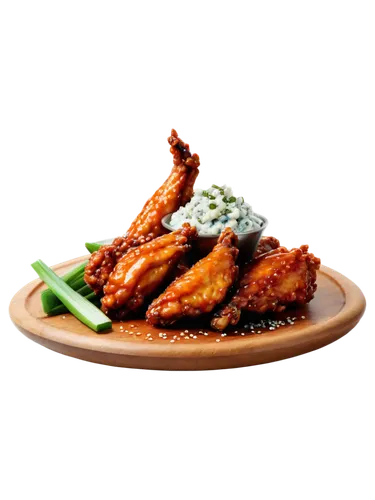 Spicy hot wings, isolated, solo, golden brown crispy skin, juicy meat, dripping sauce, sesame seeds, green onions, blue cheese crumbles, wooden table, shallow depth of field, warm lighting, 3/4 compos