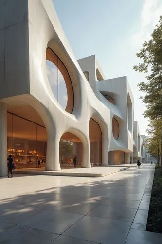 An art museum, by Zaha Hadid, concrete and glass facade, natural light with warm tones, super resolution,the building has multiple curved sections in it,futuristic art museum,bjarke,morphosis,safdie,m