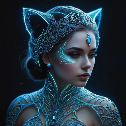 blue enchantress,fantasy portrait,fantasy art,the enchantress,cat with blue eyes,feline,3d fantasy,world digital painting,fantasy picture,fantasy woman,feline look,kat,huntress,elven,fantasia,digital painting,mystical portrait of a girl,faerie,cat vector,digital art,Conceptual Art,Fantasy,Fantasy 30