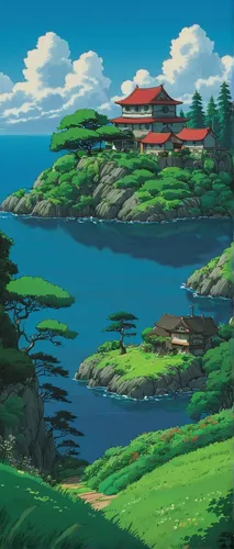 studio ghibli,an island far away landscape,house with lake,peninsula,ginkaku-ji,house by the water,mushroom island,landscape background,idyllic,archipelago,tsukemono,flying island,lake tanuki,island,home landscape,the island,japan landscape,seaside country,high landscape,islands,Art,Artistic Painting,Artistic Painting 36