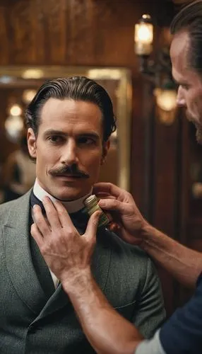 A male Hair therapist giving hair conditioner on a gentleman hair in a saloon,barbier,the long-hair cutter,mustachioed,barbershop,barbering,barber,swearengen,headwaiter,flatiron,predestination,haberda