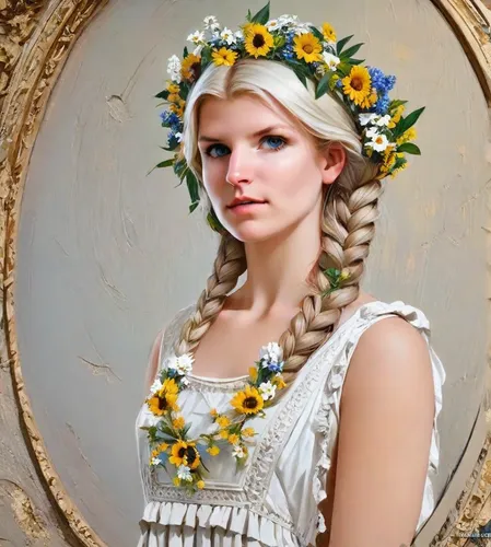 girl in a wreath,jessamine,laurel wreath,girl in flowers,floral wreath,beautiful girl with flowers,ukrainian,flower wreath,rose wreath,wreath of flowers,marguerite,golden wreath,russian folk style,blooming wreath,aphrodite,mystical portrait of a girl,fantasy portrait,flower crown,diademhäher,rapunzel