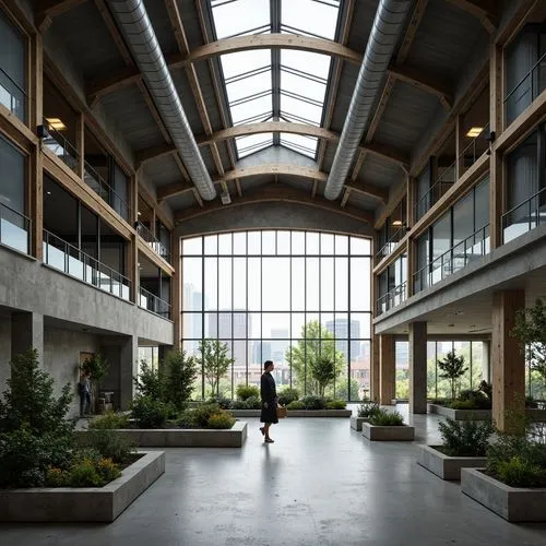 Industrial factory setting, minimalist aesthetic, exposed ductwork, polished concrete floors, reclaimed wood accents, eco-friendly materials, recycled metal beams, energy-efficient lighting, large sky