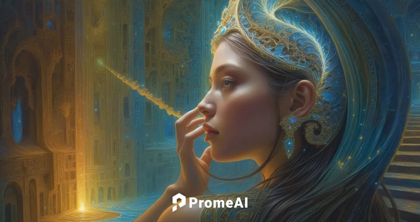 mesmerizing fractal,mystical portrait of a girl,priestess,estess,fantasy portrait,fantasy art,blue enchantress,fantasy picture,melusine,the enchantress,harpist,cleopatra,sorceress,sheherazade,priestes