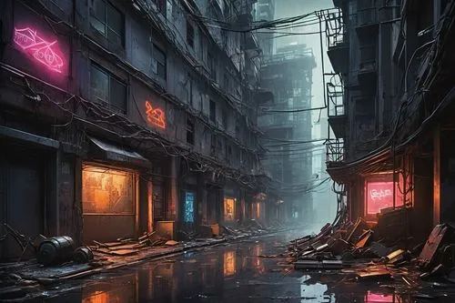 cyberpunk,shanghai,slum,hanoi,alleyway,hong kong,kowloon city,alley,world digital painting,destroyed city,kowloon,dystopia,shinjuku,dystopian,slums,taipei,post apocalyptic,cityscape,tokyo,rescue alley,Art,Artistic Painting,Artistic Painting 44