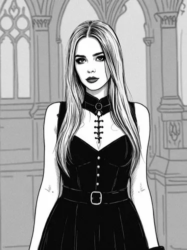 an illustrated girl standing in front of a building,gothic dress,gothic woman,goth woman,gothic style,morticia,gothic portrait,Design Sketch,Design Sketch,Rough Outline