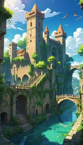 alfheim,skylands,fantasy city,castlelike,fantasy landscape,fantasy world,Illustration,Japanese style,Japanese Style 03