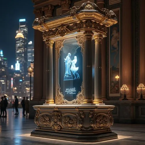 Baroque-inspired charging station, ornate metalwork, intricate carvings, gilded accents, marble base, luxurious velvet drapes, crystal chandeliers, grandiose columns, ornamental frescoes, 3D sculpture