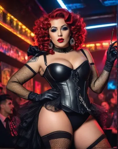 Curvy transgender woman, confident pose, bright makeup, bold eyeliner, red lips, shoulder-length curly hair, revealing outfit, tight corset, fishnet stockings, high heels, city nightlife, nightclub ba