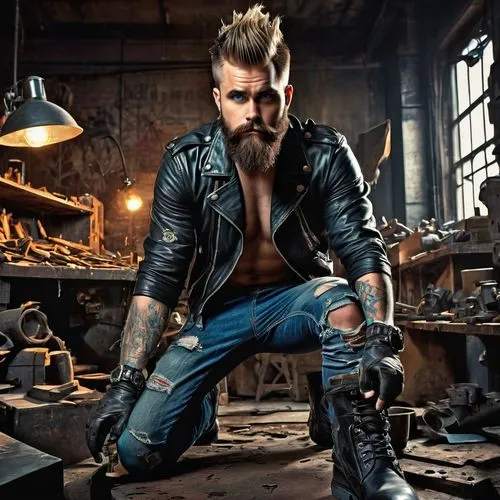 Lorax creator, male, muscular, 30yo, rugged beard, messy short hair, piercing blue eyes, tattoos on arms, black leather jacket, ripped jeans, heavy boots, intense gaze, standing, workshop, metal scrap