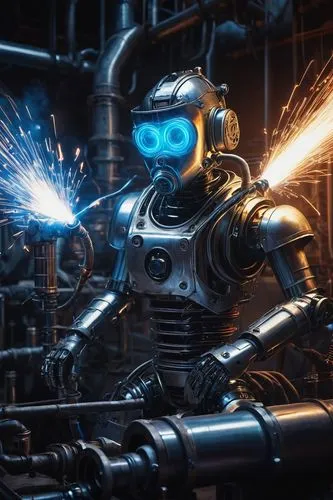 Pepe, generator, futuristic, robotic, shiny metal body, glowing blue eyes, mechanical arms, circular saw, welding torch, industrial background, factory setting, sparks flying everywhere, dramatic ligh