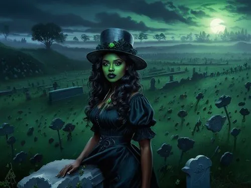 nude Beautiful nigerian girl, full dark curly hair, big green almond eyes, full black lips, misty sky,a young witch in a cemetery near a full moon,elphaba,samhain,wicked witch of the west,graveside,gr