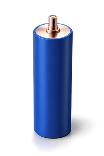 AA battery, cylindrical shape, silver metal body, blue plastic cap, positive terminal, negative terminal, copper wiring, detailed texture, metallic sheen, studio lighting, 3/4 composition, shallow dep