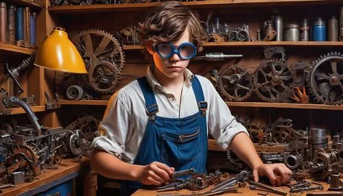 Toon Tinkerer, young boy, messy brown hair, goggles on forehead, white shirt with rolled-up sleeves, blue overalls with pockets full of tools, holding a wrench, standing in front of a wooden workbench