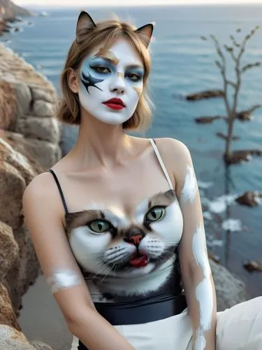 woman with cat face paint on sitting by the ocean,woman in cat costume posing next to rocks,grizabella,jellicle,feline look,pussycat,bodypainting,pussycats,Photography,Black and white photography,Blac