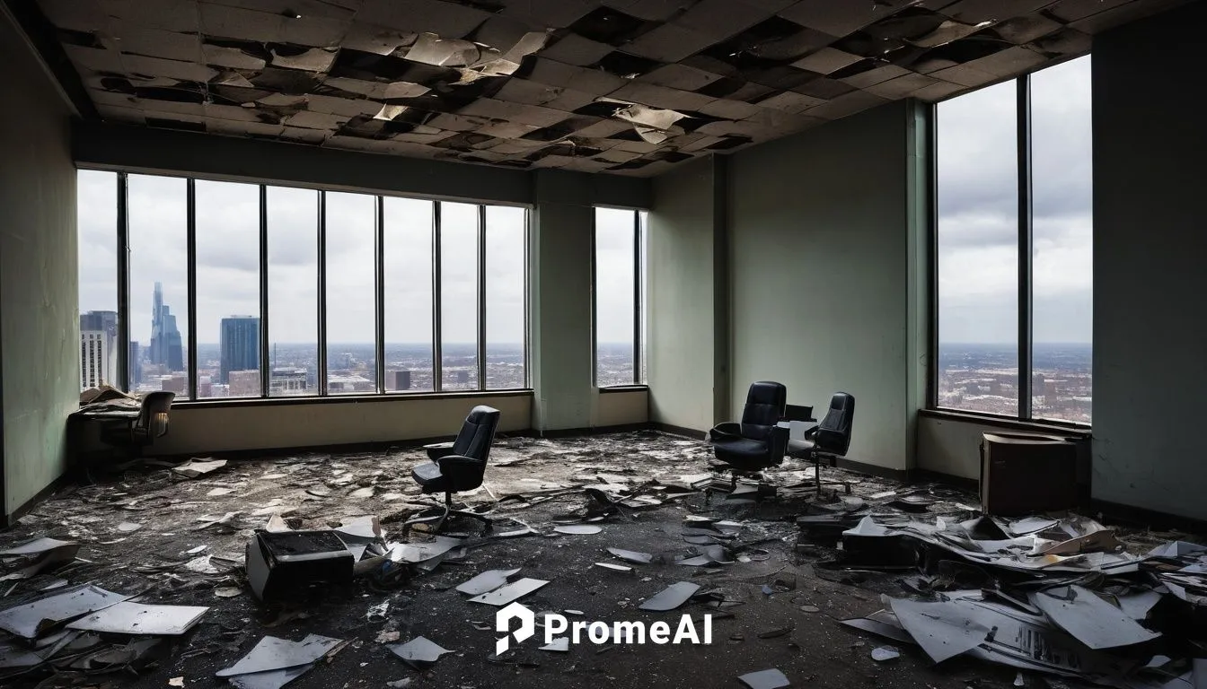 Abandoned skyscraper, 2023 financial crisis, empty offices, broken computers, scattered papers, worn-out chairs, dusty floors, shattered glass windows, metal beams exposed, urban decay, desolate atmos