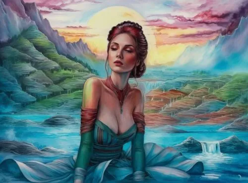 beautiful lady swimming, long hair , white vest in the water, wide view with waterfalls and green forest abanding,a painting of a woman in blue dress with mountains and water behind her,fantasy art,fa